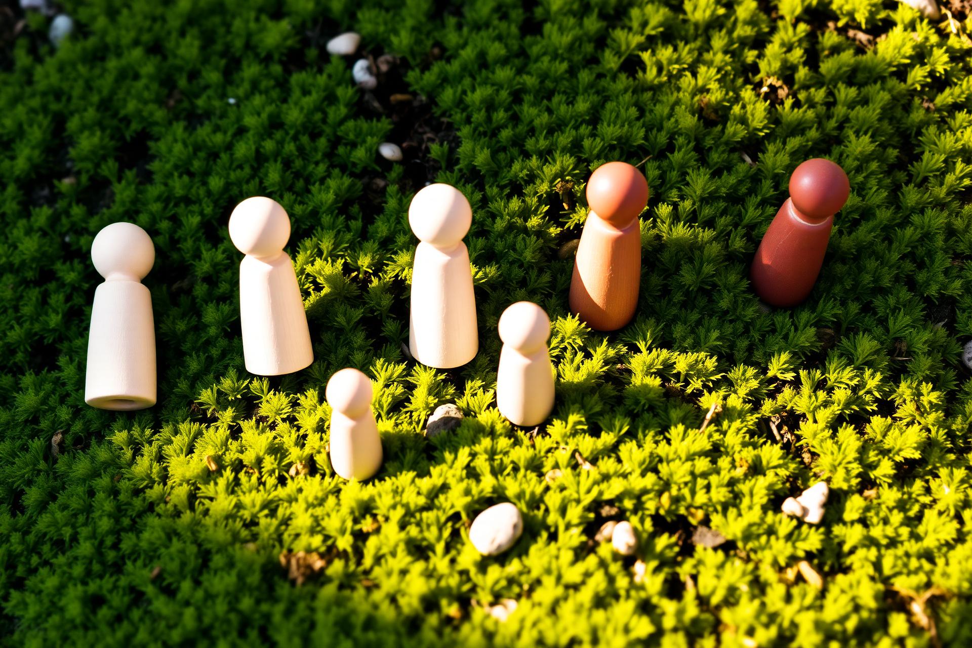 Houten poppetjes op groen mos — symbool voor systemisch werken